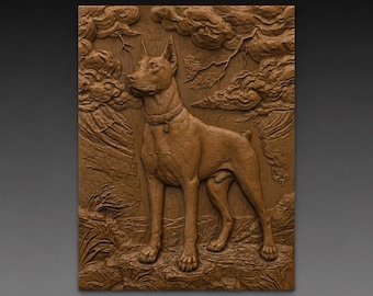 Doberman Thunderstorm Adventure 3D Relief STL File, Outdoor Dog CNC Carving Digital Download