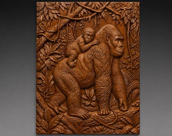 Gorilla Family Baby Back 3D Relief STL File, Wildlife CNC Carving Digital Download
