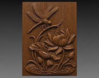 Dragonfly Lotus Flower 3D Relief STL File, Insect Floral CNC Carving Digital Download