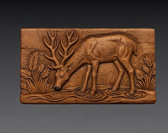 Hirsche trinken See Wasser 3D Relief STL Datei, Teich Wildtiere Wand Kunst (digitaler Download)