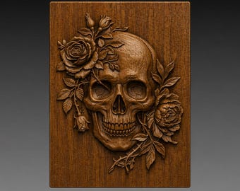 Gothic Skull with Roses and Thorns 3D Relief STL File for CNC Carving