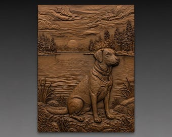 Labrador Retriever Lakeside Sunset 3D Relief STL, Woodland Forest Dog CNC Carving Digital Download