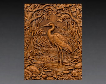 Blue Heron Pond Relief STL File, Woodland CNC Carving Model (Digital Download)