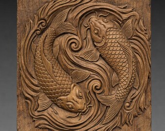 Koi Fish Yin Yang 3D Relief STL, Japanese Zen Wall Art Panel (Digital Download)