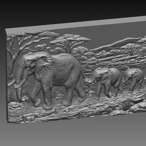 May include: A gray relief sculpture depicting a family of elephants walking across a savanna landscape. The artwork shows a large adult elephant leading a line of smaller elephants, with trees and hills in the background.