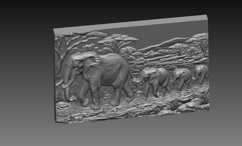 May include: A gray relief sculpture depicting a family of elephants walking across a savanna landscape. The artwork shows a large adult elephant leading a line of smaller elephants, with trees and hills in the background.