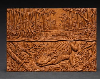 Alligator Swimming in Swamp 3D Relief STL File for CNC Wood Carving