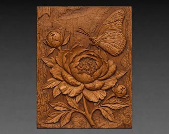 Monarch Butterfly Peony Relief STL File, Floral Wall Art CNC Carving (Digital Download)