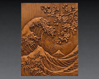 Japanese Great Wave 3D Relief STL File, Cherry Blossom CNC Carving Model (Digital Download)