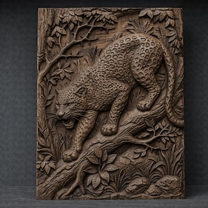 Leopard Pouncing 3D Relief STL File, Jungle Wildlife CNC Carving Model (Digital Download)