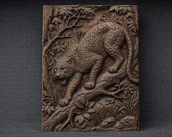 Leopard Pouncing 3D Relief STL File, Jungle Wildlife CNC Carving Model (Digital Download)