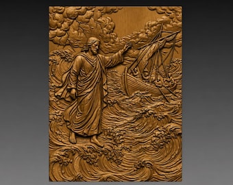 Jesus Walking Water Christian 3D Relief STL, Stormy Ocean Waves CNC Wood Carving