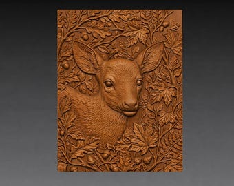 子鹿のいないいないばあ 3D レリーフ STL ファイル、オーク材の森の CNC 彫刻パネル (デジタルダウンロード)