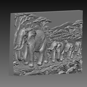 May include: A grayscale relief sculpture depicting a herd of elephants in an African savanna landscape. The artwork features two large elephants in the foreground, followed by smaller elephants, trees, and rolling hills.