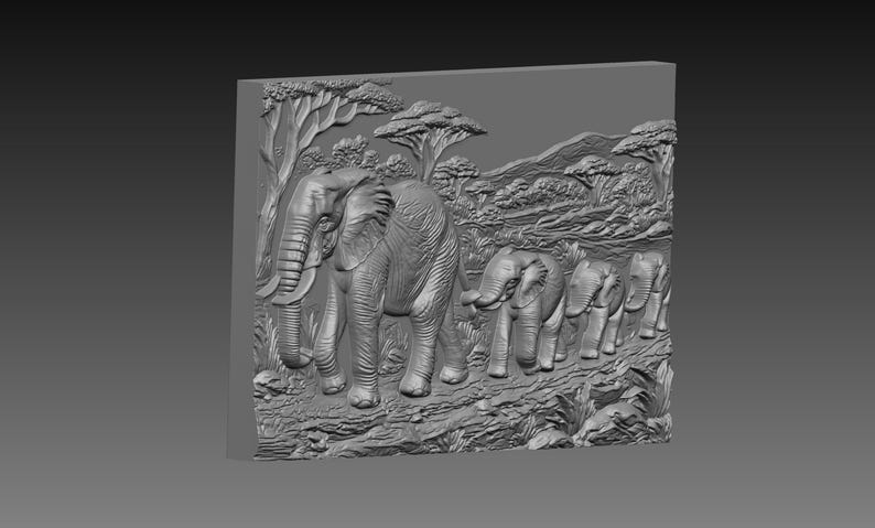 May include: A grayscale relief sculpture depicting a herd of elephants in an African savanna landscape. The artwork features two large elephants in the foreground, followed by smaller elephants, trees, and rolling hills.