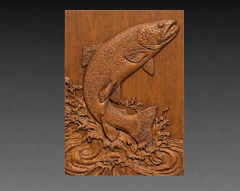 Jumping Trout 3D Relief STL File, Splashing river Fish CNC Carving Mode (Digital Download)