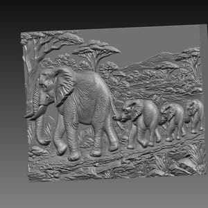 May include: A grayscale relief carving depicting a family of elephants walking across a savanna landscape. The carving shows an adult elephant leading three smaller elephants, with trees and hills in the background. The artwork is detailed and textured.