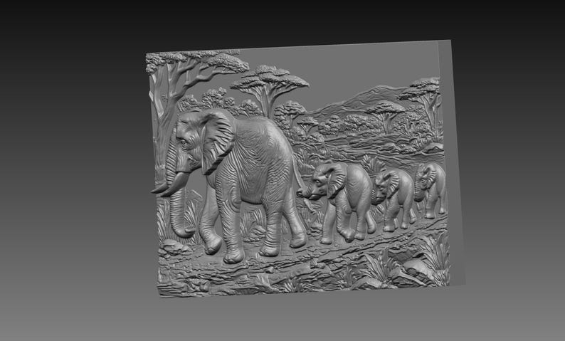 May include: A grayscale relief carving depicting a family of elephants walking across a savanna landscape. The carving shows an adult elephant leading three smaller elephants, with trees and hills in the background. The artwork is detailed and textured.