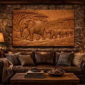 May include: A large, intricately carved wooden relief depicting a family of elephants walking across an African savanna. The artwork is mounted above a brown leather sofa with decorative pillows, creating a warm, inviting living room scene.