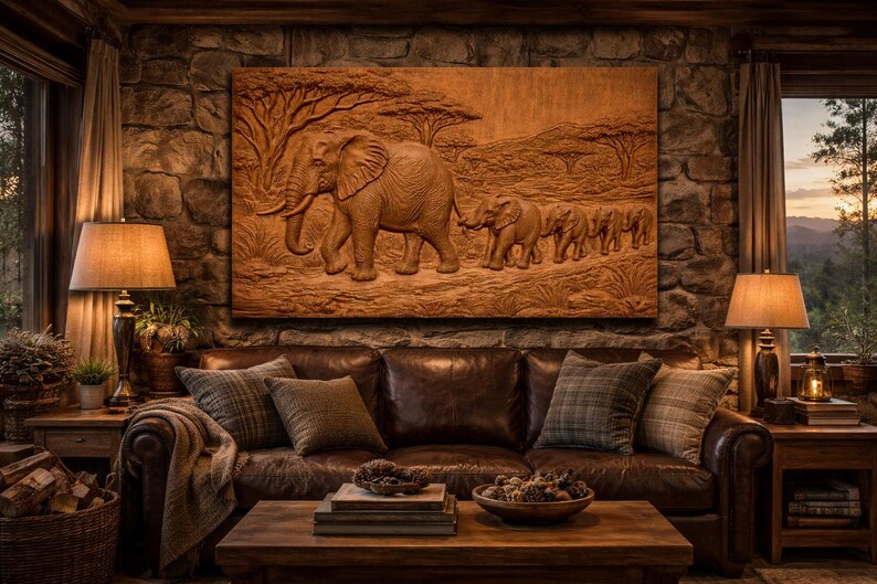 May include: A large, intricately carved wooden relief depicting a family of elephants walking across an African savanna. The artwork is mounted above a brown leather sofa with decorative pillows, creating a warm, inviting living room scene.