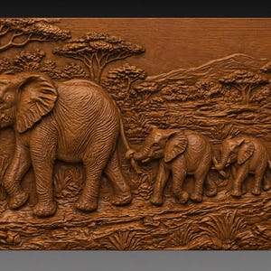 May include: A detailed wooden relief carving depicts a family of elephants walking through a savanna landscape. The artwork features a large adult elephant leading three smaller elephants, with trees and hills in the background. The carving is in shades of brown.