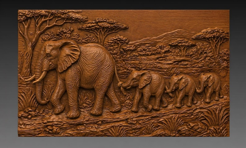 May include: A detailed wooden relief carving depicts a family of elephants walking through a savanna landscape. The artwork features a large adult elephant leading three smaller elephants, with trees and hills in the background. The carving is in shades of brown.