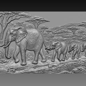 May include: A grayscale relief carving depicting a family of elephants walking through a savanna landscape. The adult elephant leads the way, followed by three smaller elephants. Trees and hills are in the background.