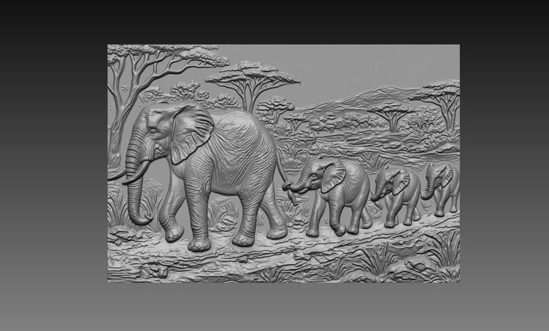 May include: A grayscale relief carving depicting a family of elephants walking through a savanna landscape. The adult elephant leads the way, followed by three smaller elephants. Trees and hills are in the background.