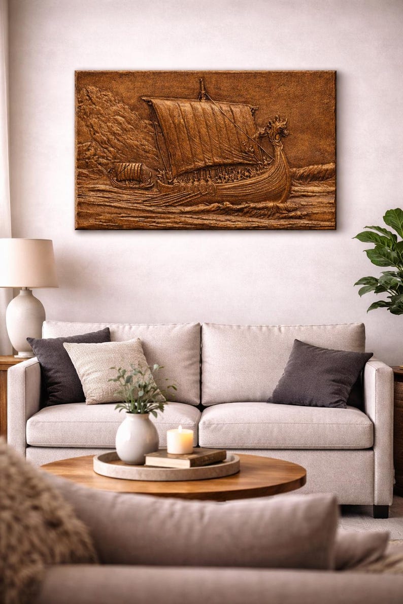 Norse Viking Longboat 3D Relief STL File, Stormy Seas CNC Carving Model ...