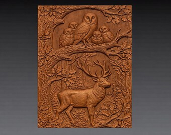 Eulenfamilie Hirsch 3D Relief STL, Vogelzweig mit Hirsch CNC Carving (Digitaler Download)