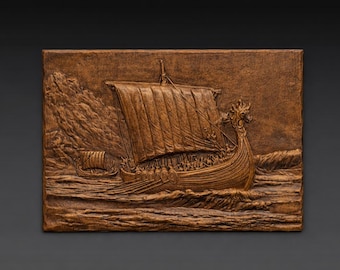 Norse Viking Longboat in Stormy Seas 3D Relief STL File for CNC Carving