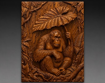 Orangutan Leaf Umbrella 3D Relief STL File, Jungle animal CNC Carving Digital Download