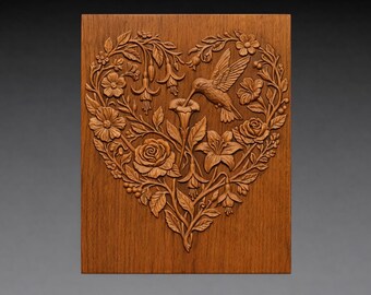 Kolibrie bloem hart 3D-reliëf STL-bestand, dwergpapegaaien CNC-snijwerk (digitale download)