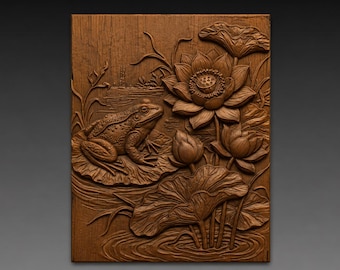 Frog Lily Pad Water Lilies 3D Relief STL File, Nature CNC Carving Digital Download