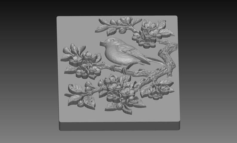 Robin Cherry Blossom 3D Relief STL File, Spring Bird CNC Carving Model ...