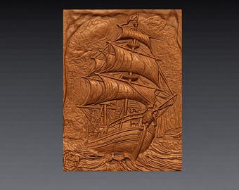 Galleon Stormy Waves 3D-reliëf STL-bestand, zeilend piratenschip CNC-snijwerk (digitale download)