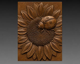 Ladybug on Sunflower 3D Relief STL File for CNC Wood Carving