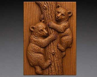 Bear Cubs Climbing Tree 3D Relief STL File, Rustic Wildlife CNC Carving (Digital Download)