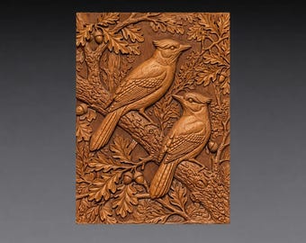 Blue Jay Birds Oak Branch Relief STL File, Woodland wildlife CNC Carving  (Digital Download)