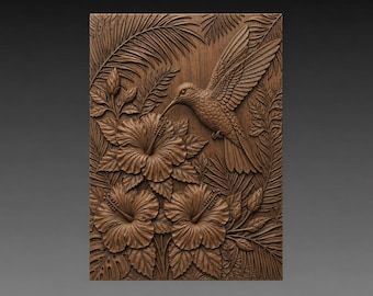 Hummingbird Hibiscus Flowers 3D Relief STL File, Tropical Floral CNC Carving Digital Download