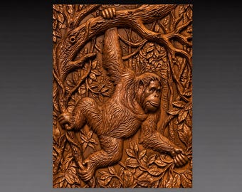 Swinging Orangutan 3D Relief STL File, Jungle Animal CNC Carving Digital Download