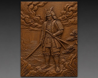 Japanese Samurai Warrior 3D Relief STL, Stormy Ocean  Ancient Japan CNC Carving Digital Download