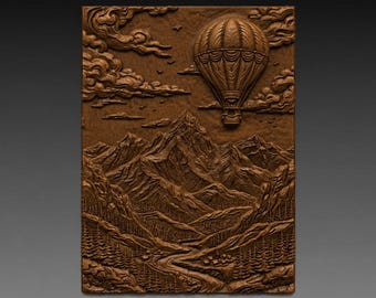 Hot Air Balloon over Mountains 3D Relief STL File for CNC Wood Carving