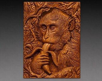 Monkey Eating Banana 3D Relief STL File, Jungle Animal CNC Carving Digital Download