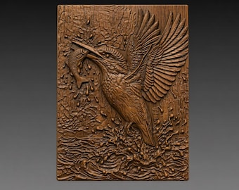 Kingfisher Catching Fish 3D Relief STL File for CNC Wood Carving