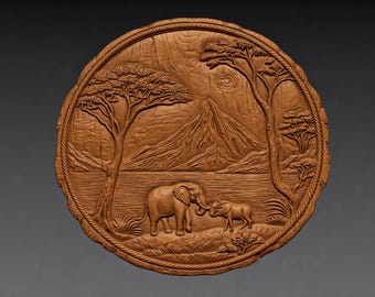 Elefant Bison Savannah Wildtiere Relief STL Datei, rustikale Natur Wand Kunst (digitaler Download)