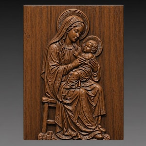 May include: A carved wooden relief depicting a religious scene. The artwork features a woman holding a child, both with halos. The figures are dressed in flowing robes, and the woman is seated on a small stool. The wood has a warm, brown tone.