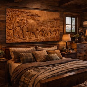 May include: A rustic bedroom with wooden walls and furniture. A large carved wooden relief of elephants hangs above the bed. The bed is made with brown and tan bedding. Two lamps sit on the nightstands.