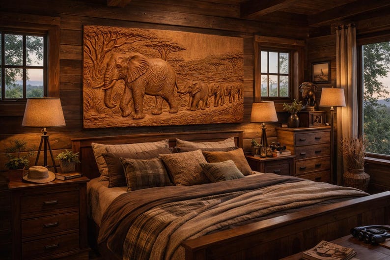 May include: A rustic bedroom with wooden walls and furniture. A large carved wooden relief of elephants hangs above the bed. The bed is made with brown and tan bedding. Two lamps sit on the nightstands.