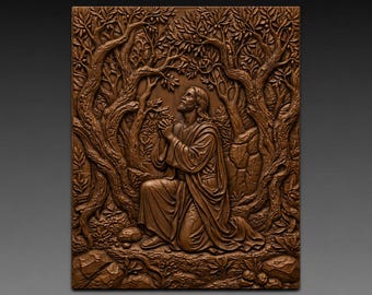 Jesus Praying by Olive Tree 3D Relief STL File for CNC Wood Carving